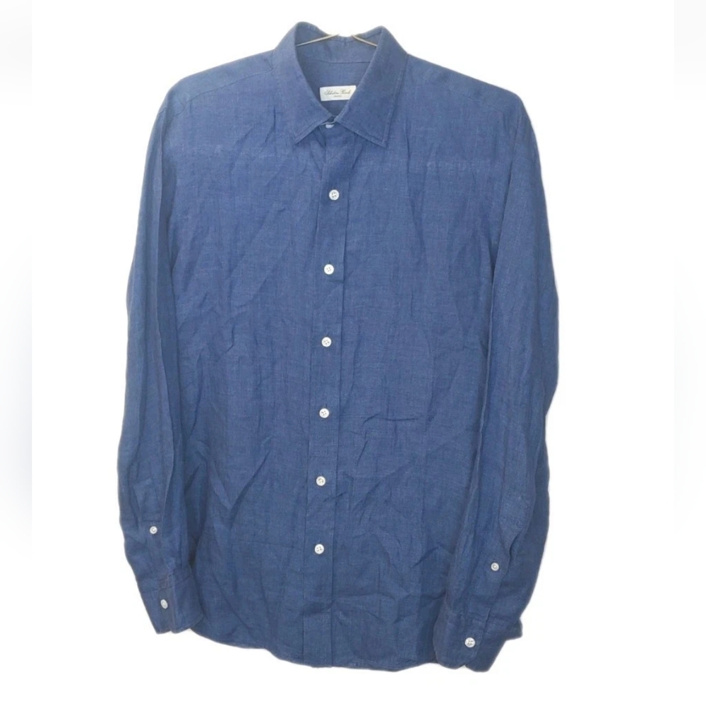 Salvatore Piccolo Napoli Linen Dress Shirt Men Med Sz 16.5/42 Blue Woven Preppy